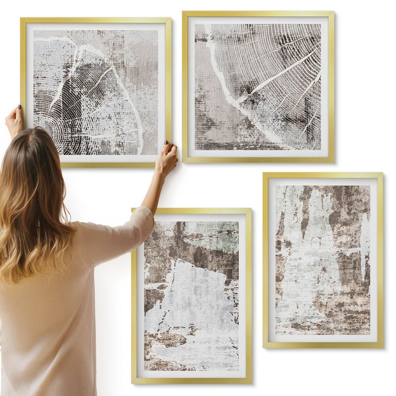 Galeria ścienna 4-częściowy komplet obrazów w złotych ramach - Abstrakcyjne wzory w odcieniach bieli i brązu - ArtPrintCave