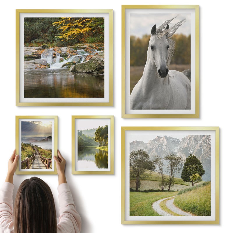 Galeria ścienna 5-częściowy komplet obrazów w złotych ramach - Naturalne piękno krajobrazów i zwierząt w harmonii - ArtPrintCave