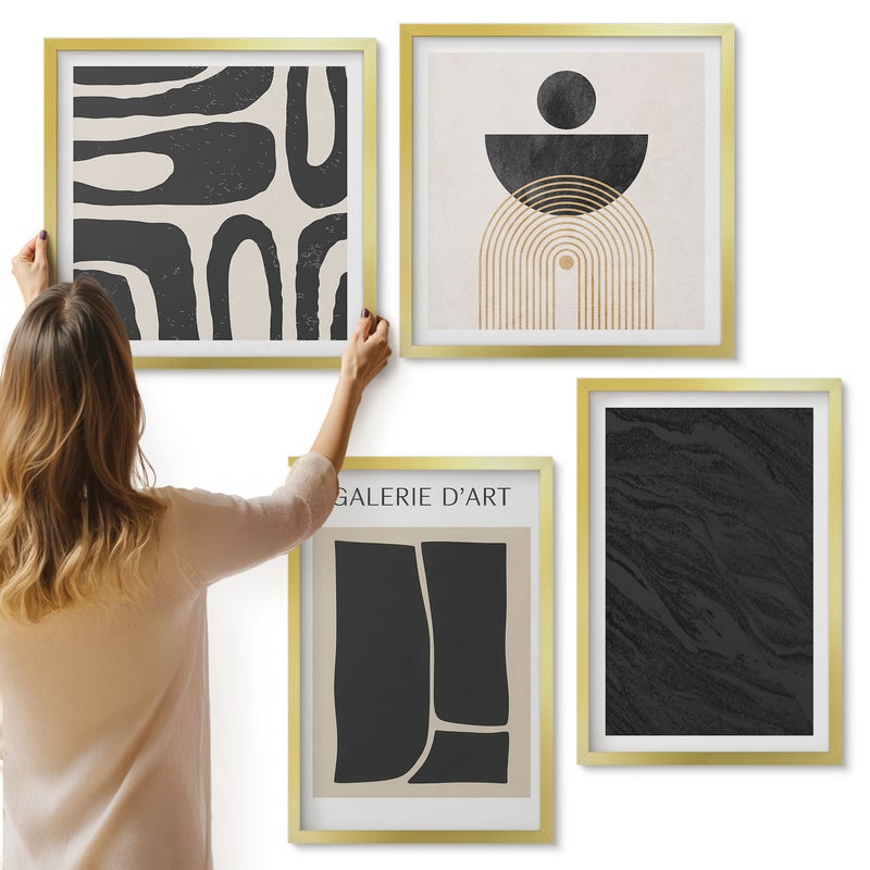 Galeria ścienna 4-częściowy komplet obrazów w złotych ramach - Abstrakcyjne formy i ciemny marmur - ArtPrintCave