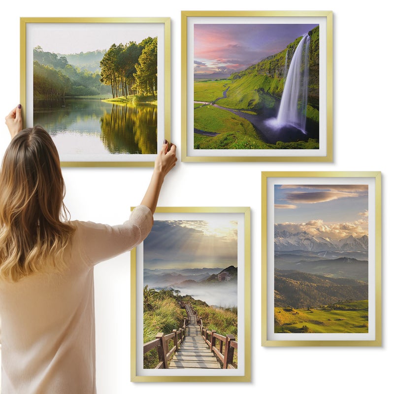 Galeria ścienna 4-częściowy komplet obrazów w złotych ramach - Malownicze krajobrazy górskie z wodospadem i ścieżką - ArtPrintCave