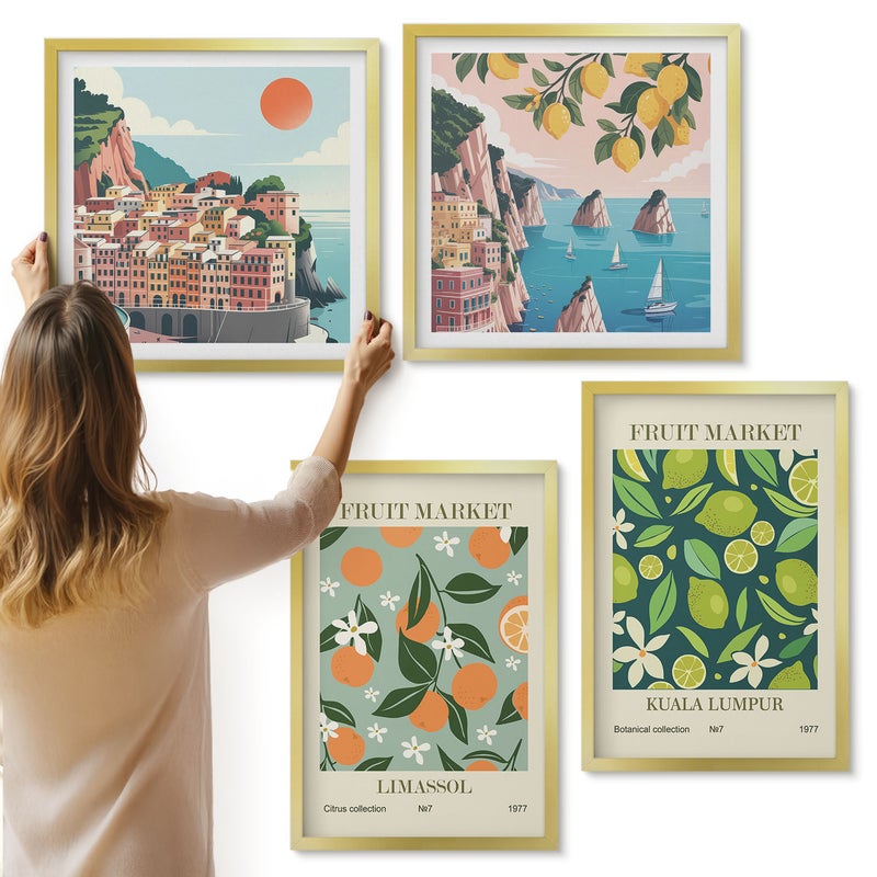 Galeria ścienna 4-częściowy komplet obrazów w złotych ramach - Owocowe wzory postery w stylu vintage - ArtPrintCave
