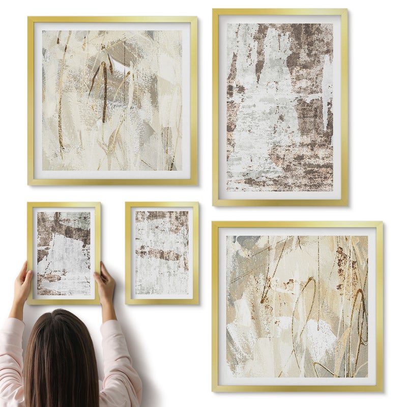 Galeria ścienna 5-częściowy komplet obrazów w złotych ramach - Abstrakcyjne kompozycje w odcieniach neutralnych i naturalnych - ArtPrintCave