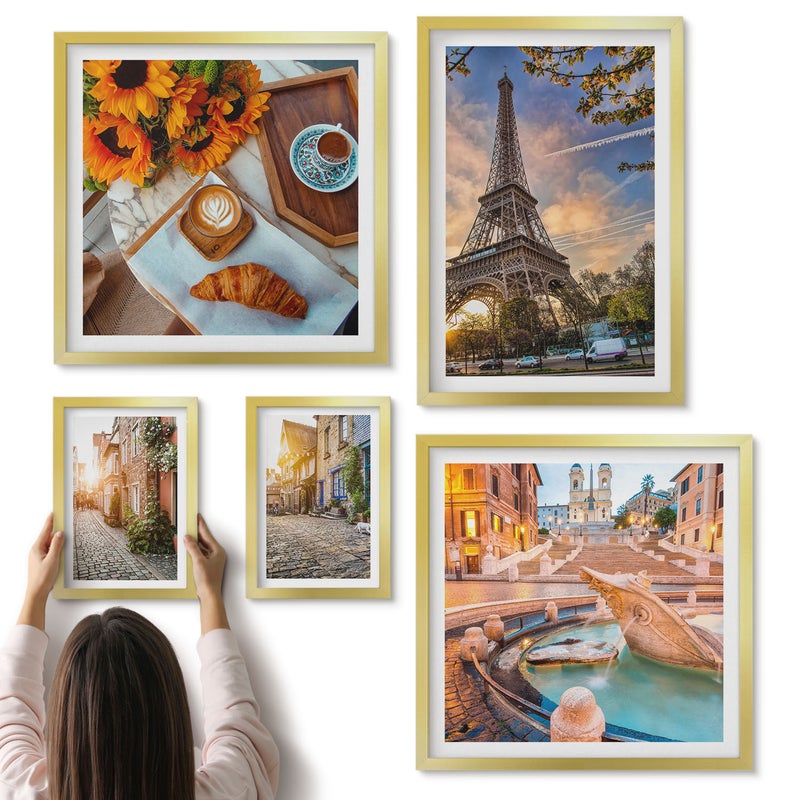 Galeria ścienna 5-częściowy komplet obrazów w złotych ramach - Klimatyczne urokliwe widoki europejskich miast i kawiarni - ArtPrintCave