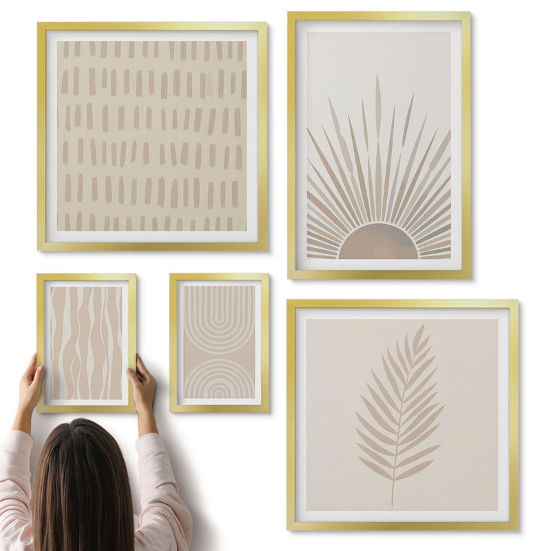 Galeria ścienna 5-częściowy komplet obrazów w złotych ramach - Stylowe dekoracje w odcieniach natury i geometryczne wzory - ArtPrintCave