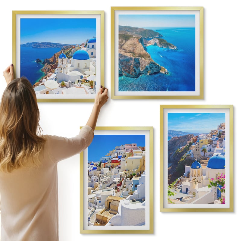 Galeria ścienna 4-częściowy komplet obrazów w złotych ramach - Krajobraz architektury widoki miasta Oia Santorini Grecja - ArtPrintCave