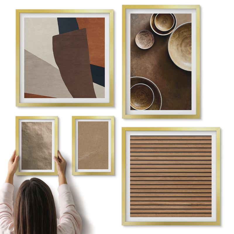 Galeria ścienna 5-częściowy komplet obrazów w złotych ramach - Kamienne struktury nowoczesny styl minimalistyczny - ArtPrintCave