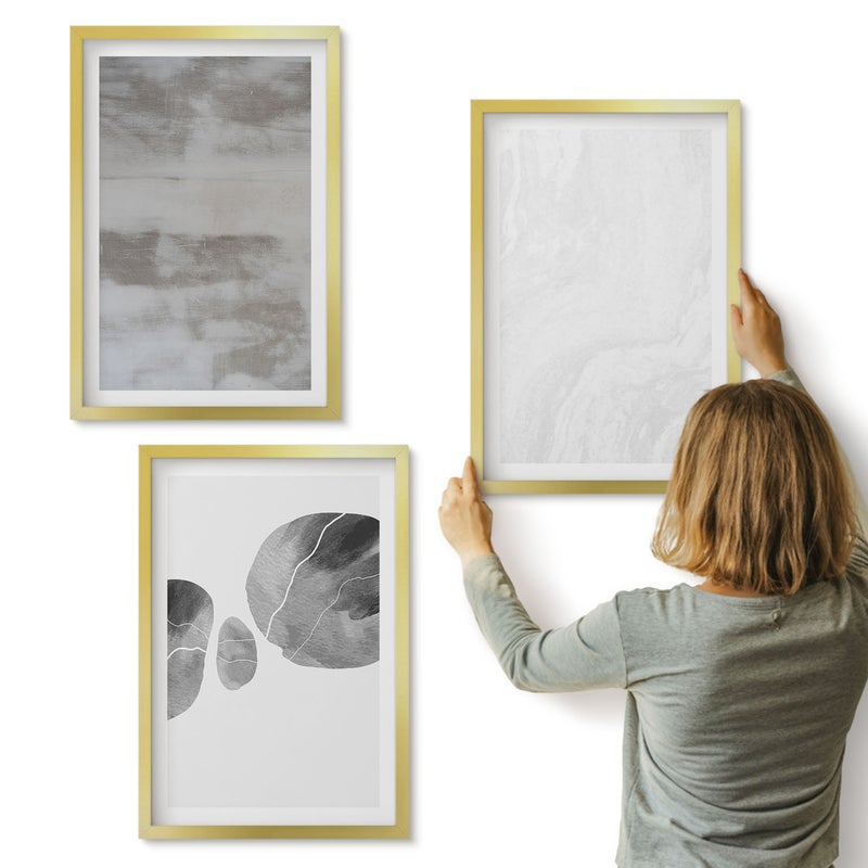 Galeria ścienna 3-częściowy komplet obrazów w złotych ramach - Abstrakcyjne kształty i struktury styl nowoczesny - ArtPrintCave