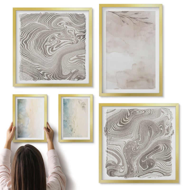 Galeria ścienna 5-częściowy komplet obrazów w złotych ramach - Delikatne tektury farb akwarelowych - ArtPrintCave
