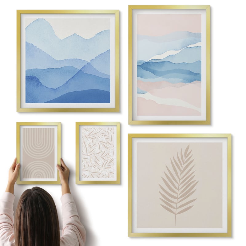 Galeria ścienna 5-częściowy komplet obrazów w złotych ramach - Abstrakcyjne pejzaże w pastelowych odcieniach z liśćmi - ArtPrintCave