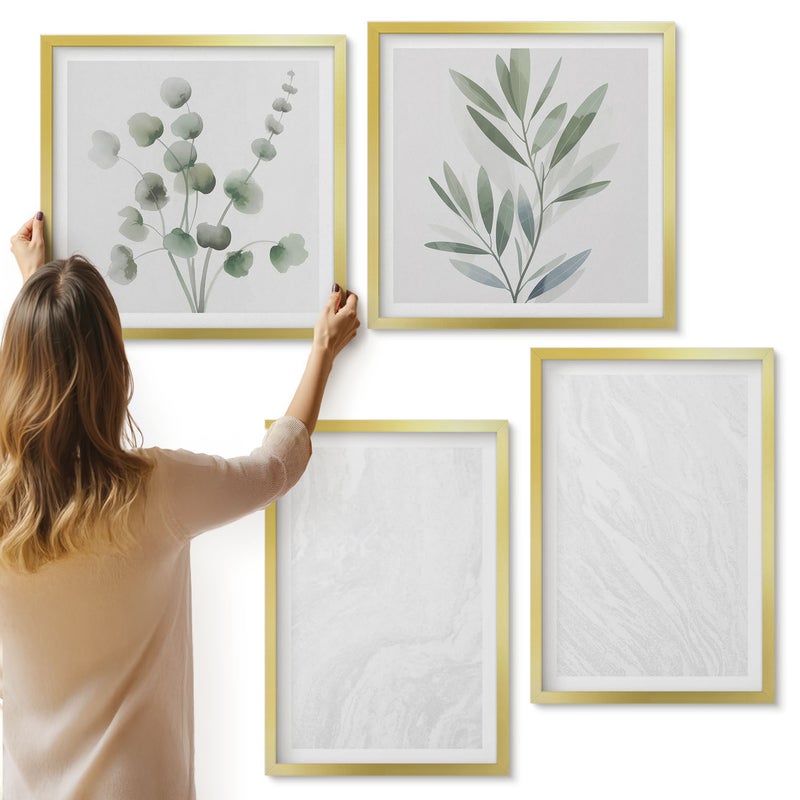 Galeria ścienna 4-częściowy komplet obrazów w złotych ramach - Elegancki marmur linearna struktura kamienna pastelowe gałązki - ArtPrintCave