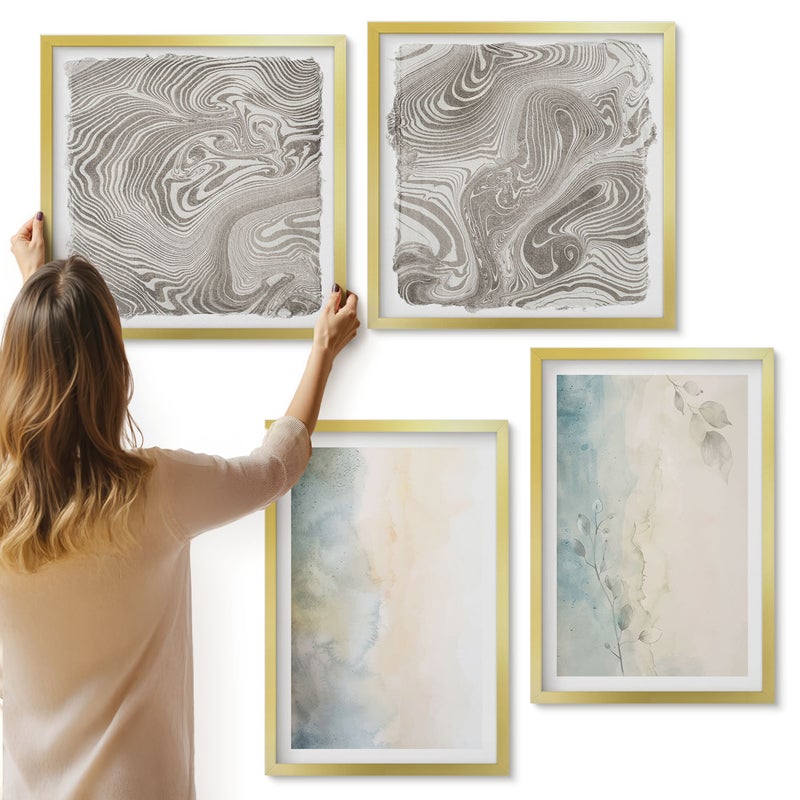 Galeria ścienna 4-częściowy komplet obrazów w złotych ramach - Delikatne tektury farb akwarelowych - ArtPrintCave