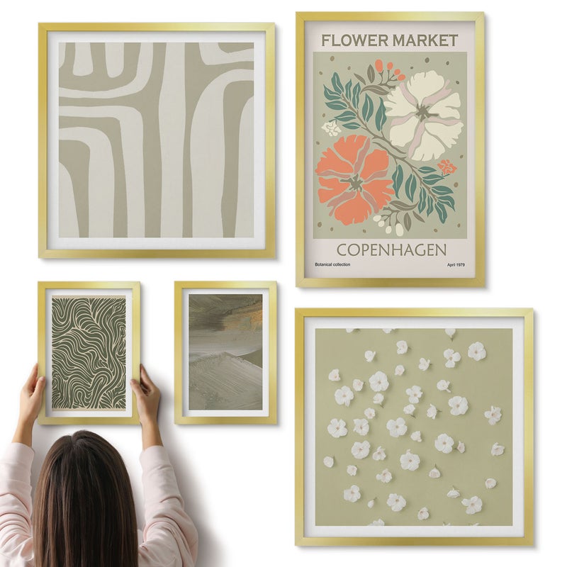 Galeria ścienna 5-częściowy komplet obrazów w złotych ramach - Roślinne motywy i abstrakcyjne wzory w stylu boho - ArtPrintCave