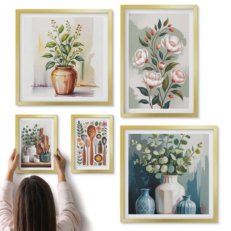 Galeria ścienna 5-częściowy komplet obrazów w złotych ramach - Stylowe dekoracje z roślinnymi motywami i akcesoriami kuchennymi - ArtPrintCave