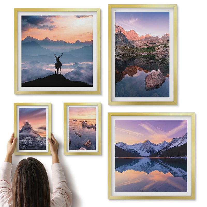 Galeria ścienna 5-częściowy komplet obrazów w złotych ramach - Górskie pejzaże z zachodem słońca i wodnymi odbiciami - ArtPrintCave