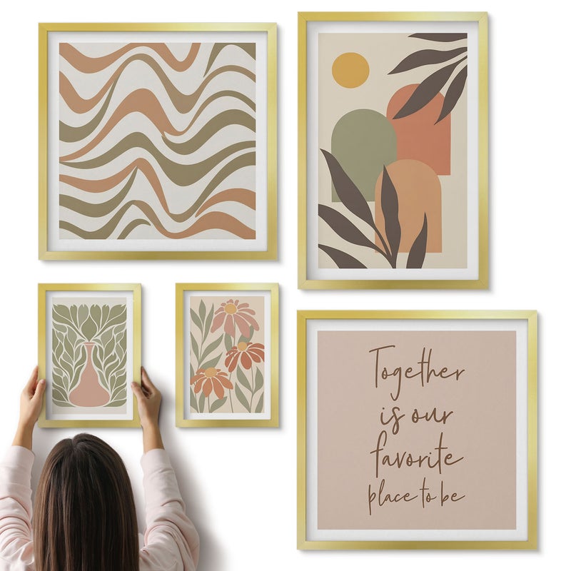 Galeria ścienna 5-częściowy komplet obrazów w złotych ramach - Stylowe dekoracje w pastelowych barwach z motywami roślinnymi - ArtPrintCave