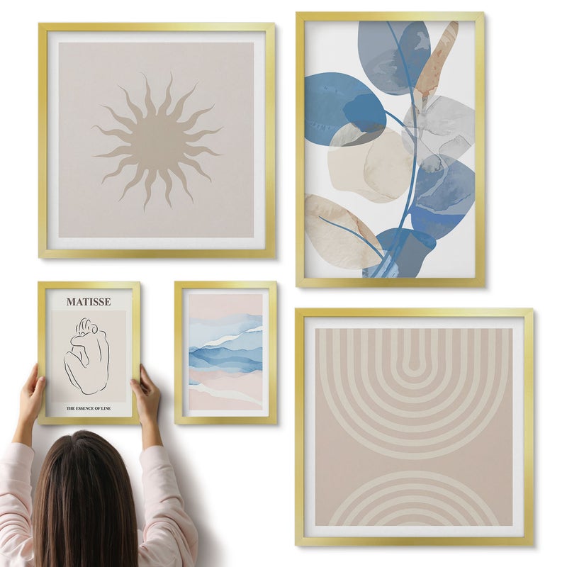 Galeria ścienna 5-częściowy komplet obrazów w złotych ramach - Stylowe abstrakcyjne kompozycje z roślinnymi akcentami - ArtPrintCave