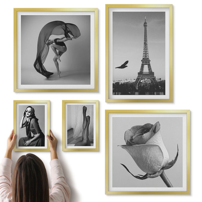 Galeria ścienna 5-częściowy komplet obrazów w złotych ramach - Stylowe czarno-białe zdjęcia z Paryża i elegancją kobiet - ArtPrintCave