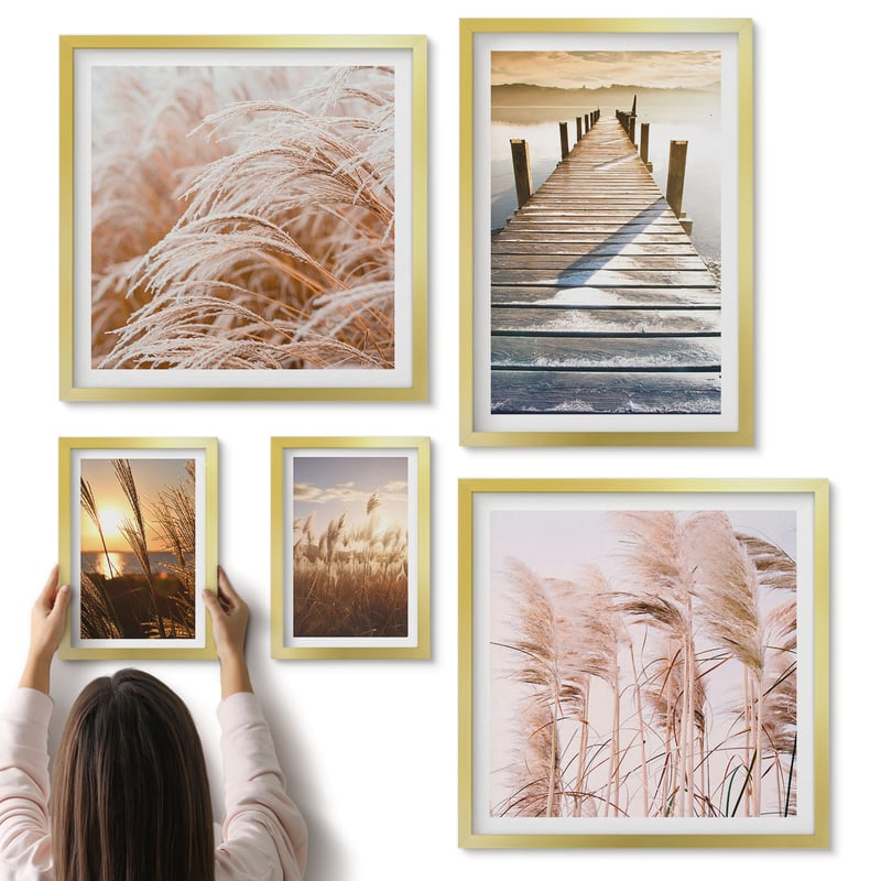 Galeria ścienna 5-częściowy komplet obrazów w złotych ramach - Spokojne widoki na naturę i wodne pejzaże - ArtPrintCave