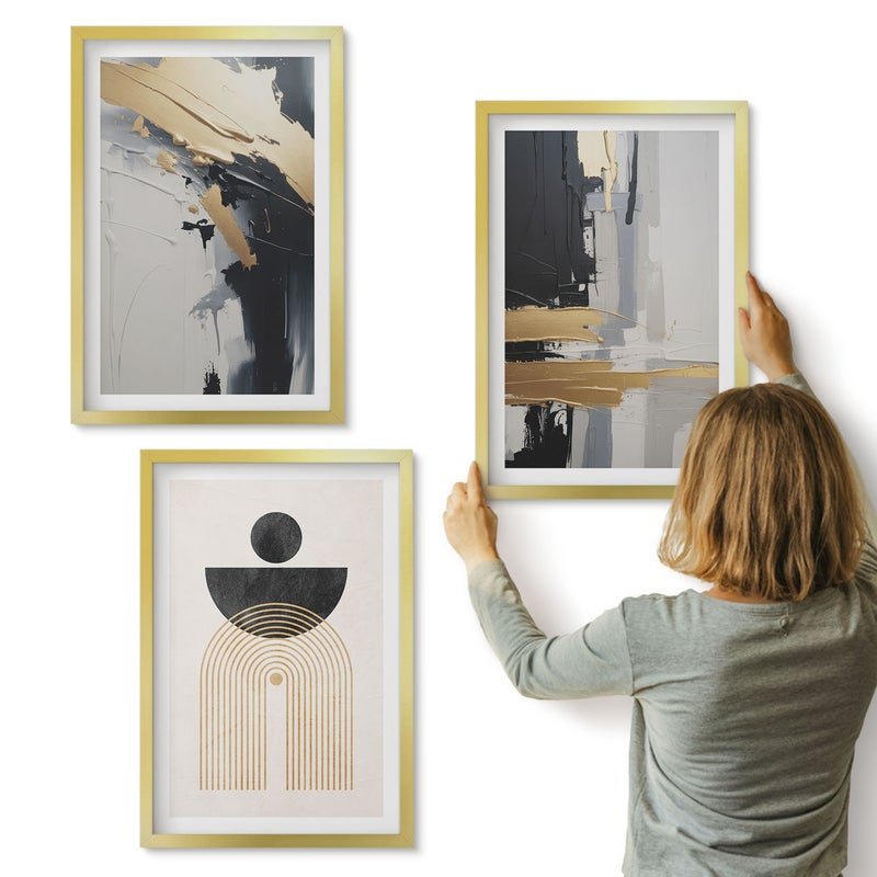 Galeria ścienna 3-częściowy komplet obrazów w złotych ramach - Geometria abstrakcja elegancka kompozycja - ArtPrintCave