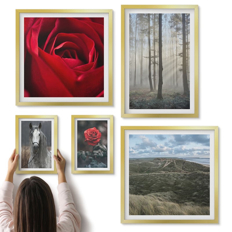 Galeria ścienna 5-częściowy komplet obrazów w złotych ramach - Przyroda i kwiaty w różnych ujęciach i stylach - ArtPrintCave