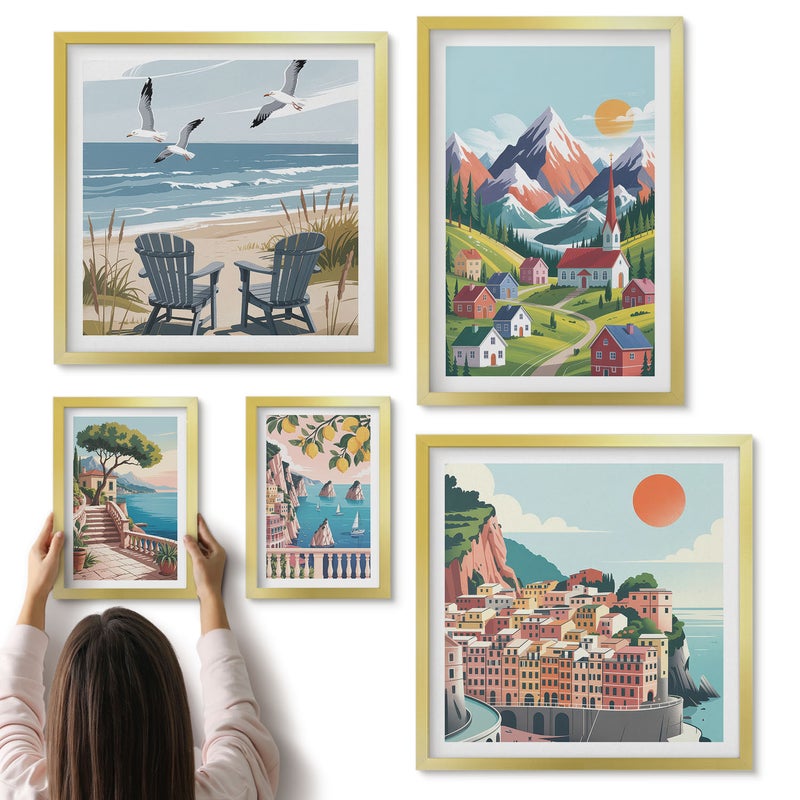 Galeria ścienna 5-częściowy komplet obrazów w złotych ramach - Krajobrazy górskie i nadmorskie w stylu retro - ArtPrintCave