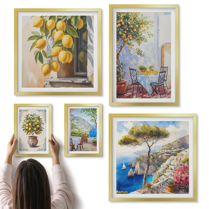 Galeria ścienna 5-częściowy komplet obrazów w złotych ramach - Cytrusowe inspiracje w słonecznym stylu śródziemnomorskim - ArtPrintCave