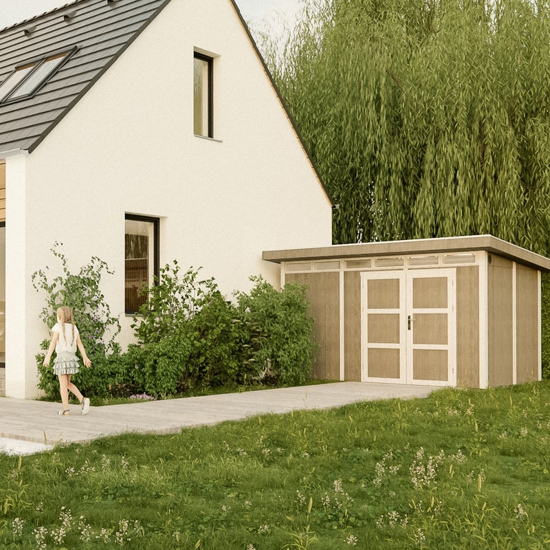 Domek ogrodowy z drewna z płyt LP SmartSide 9 m² - z podłogą i płytkami bitumicznymi Dł. 412 x Szer. 279 x Wys. 237 cm - Timbela M904A - brąz terra
