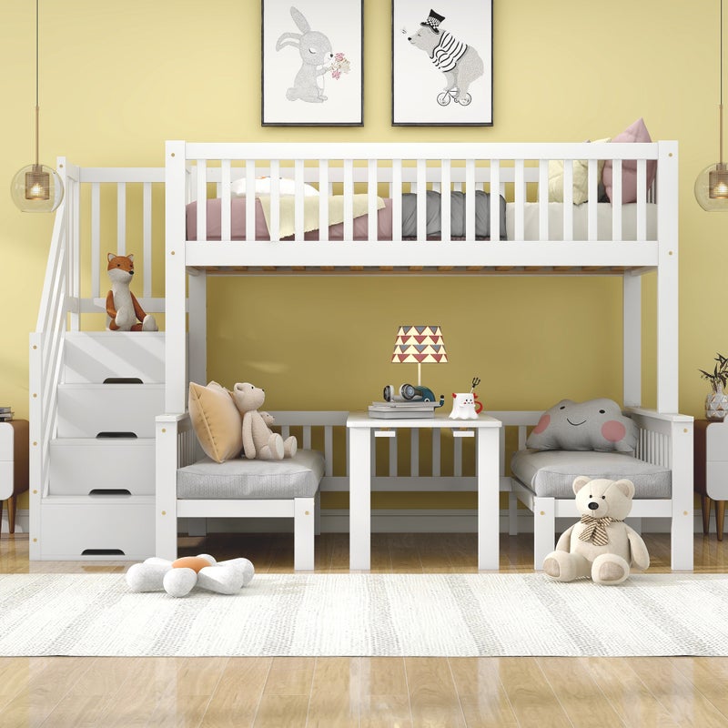 Łóżko etazowe 90x200 i 120x200 cm-Szafka na zbiory-Stół o regulowanej wysokości-Bezpieczny miękki gel-Dąb + MDF + Sklejka-Biały