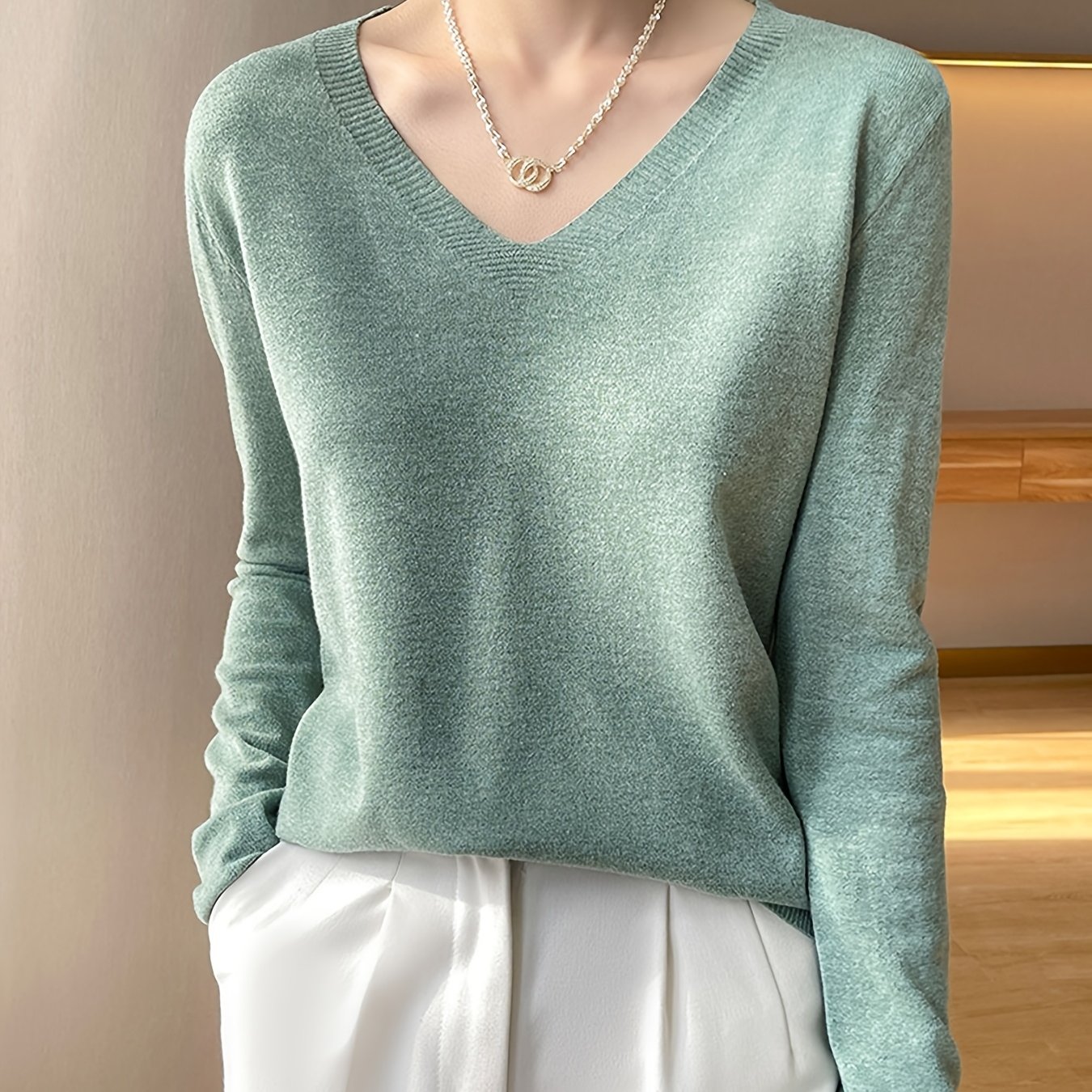 TEMU Elegancki Kierunek + Nowość Wiosna/ Sweter z Dekoltem w Serek Jednokolorowy Długi Rękaw Pulower Ciepły Wygodny Długi Rękaw Henley Modny