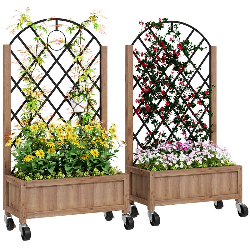 Zestaw 2 podwyższona grządka Donice z kółkami, kratka, Espalier skrzynki na rośliny Drewniany skrzynki na kwiaty 52 x 25x97cm Brązowy