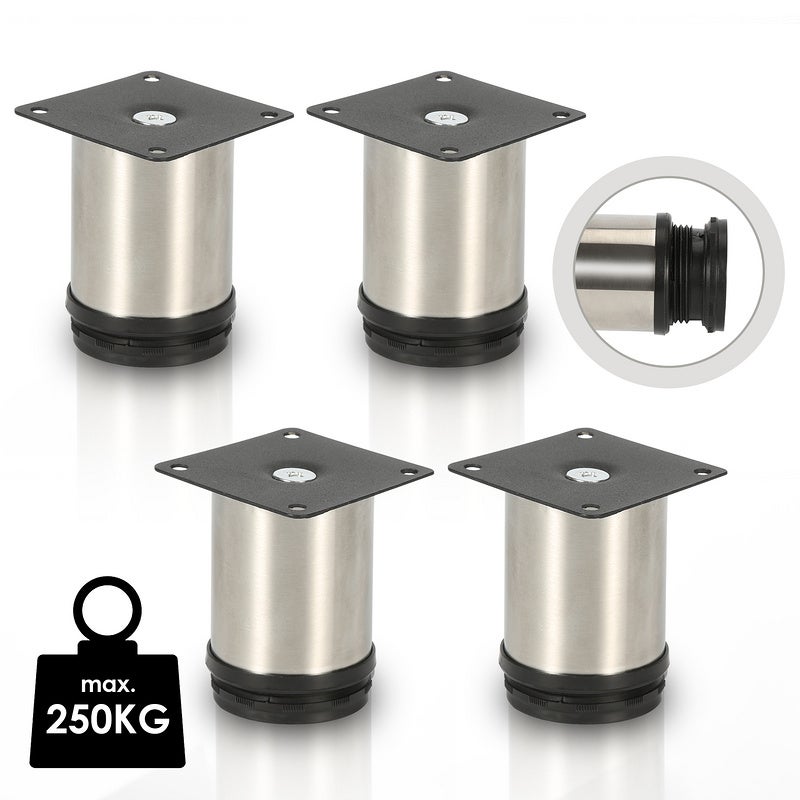 4 x nogi mebelowe, nogi podstawy, sofa, hotel, regulowane nogi komody - stal nierdzewna - 50 mm.