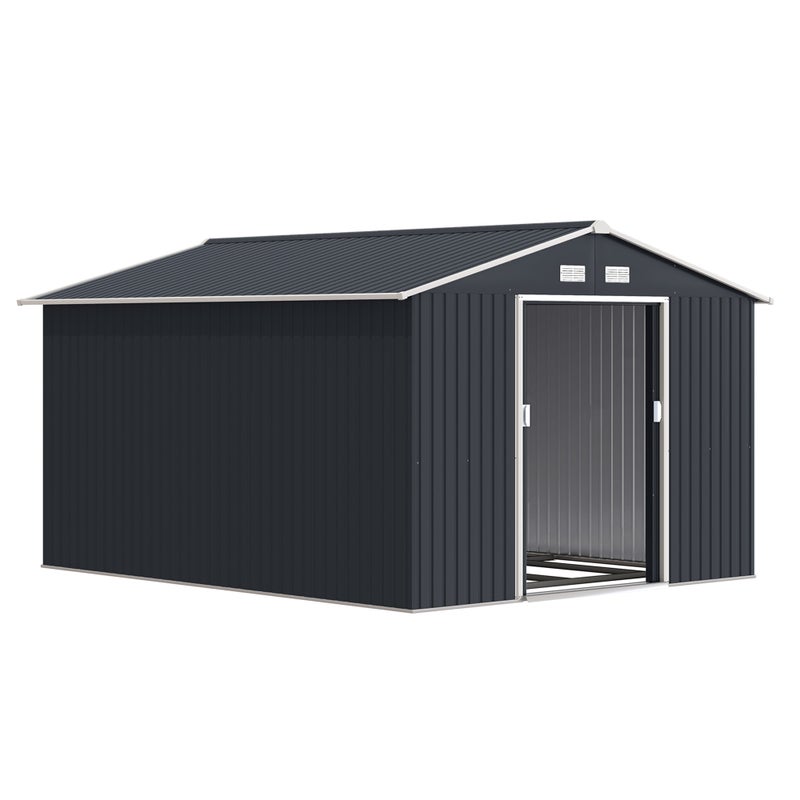 11' x 9' Metal Domek ogrodowy, Zewnętrzny Przechowywanie Narzędzie House z Wentylacja Slots, Foundation Zestaw i Lockable Podwójny Drzwi, Ciemnoszary