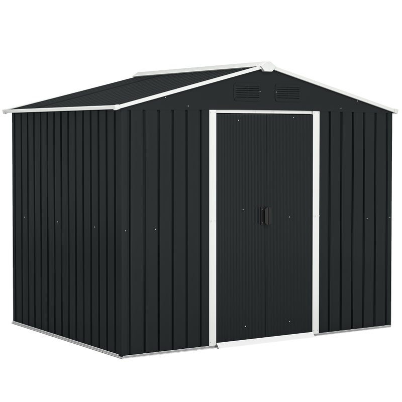 7.7 x 5.7ft Metal Domek ogrodowy, Ocynkowany Zewnętrzny Narzędzie Przechowywanie House z Wentylacja Slots i Sliding Drzwi, Szary
