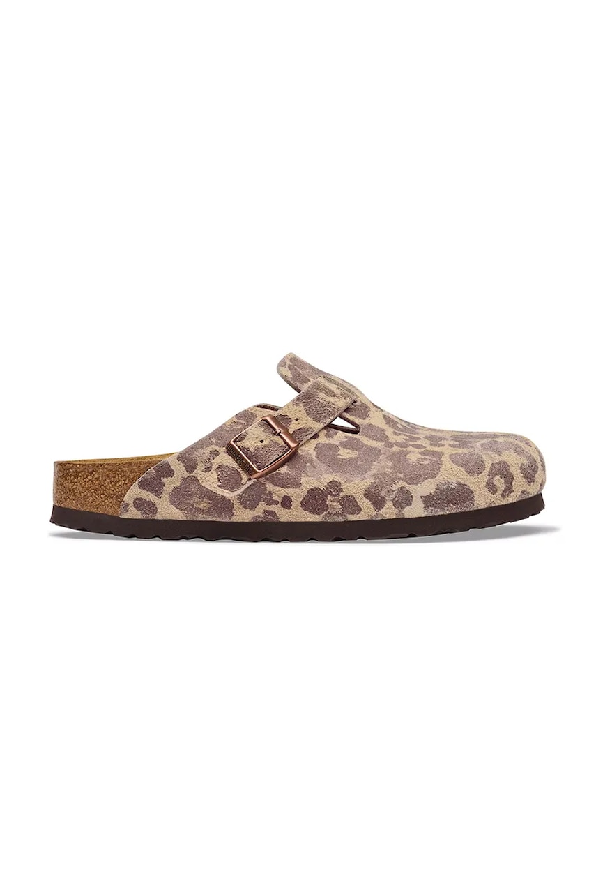 Birkenstock Boston Suede Leather Leopard klapki mules damskie zamszowe