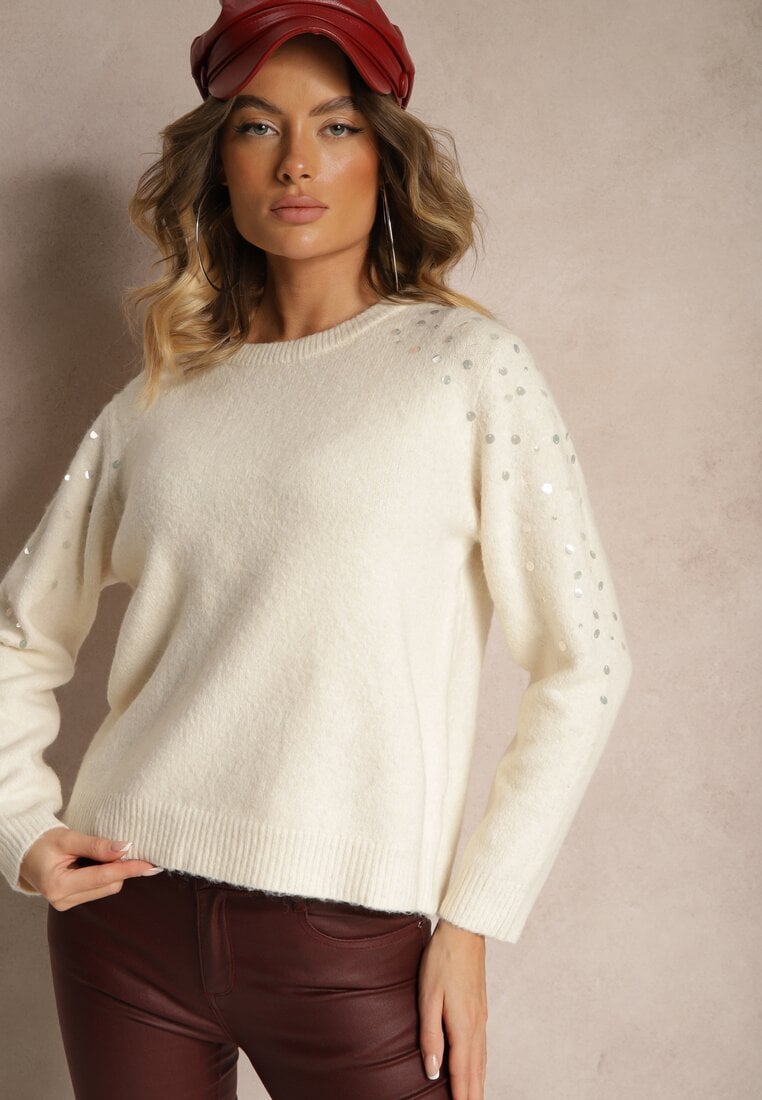 Jasnobeżowy Sweter z Bawełną i Cekinami Ceala