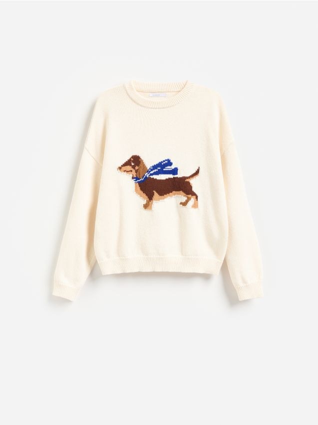 Reserved - Sweter ze zwierzęcym motywem - kremowy