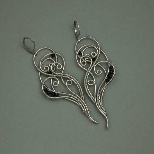Długie, oryginalne kolczyki czarny agat wire wrapping