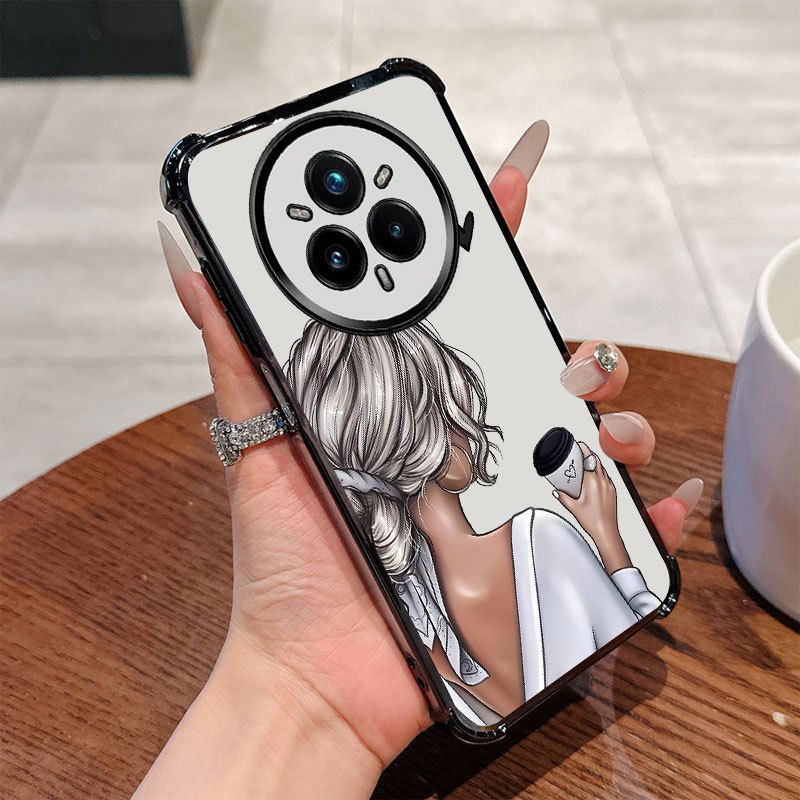 TEMU Etui na telefon: Elegancka Dziewczyna z Kawą i , Wstrząsoodporne, Przezroczyste Etui Czarne, Pełna Ochrona, Kompatybilne z Realme 14 Pro Plus,