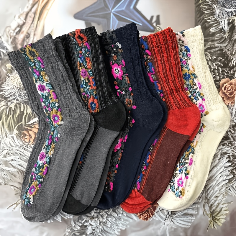 TEMU 5 Par Jesienno-Zimowych Japońskich Etnicznych Wzorów Vintage Kwiatowych Skarpetek Jacquard, Długie Skarpety