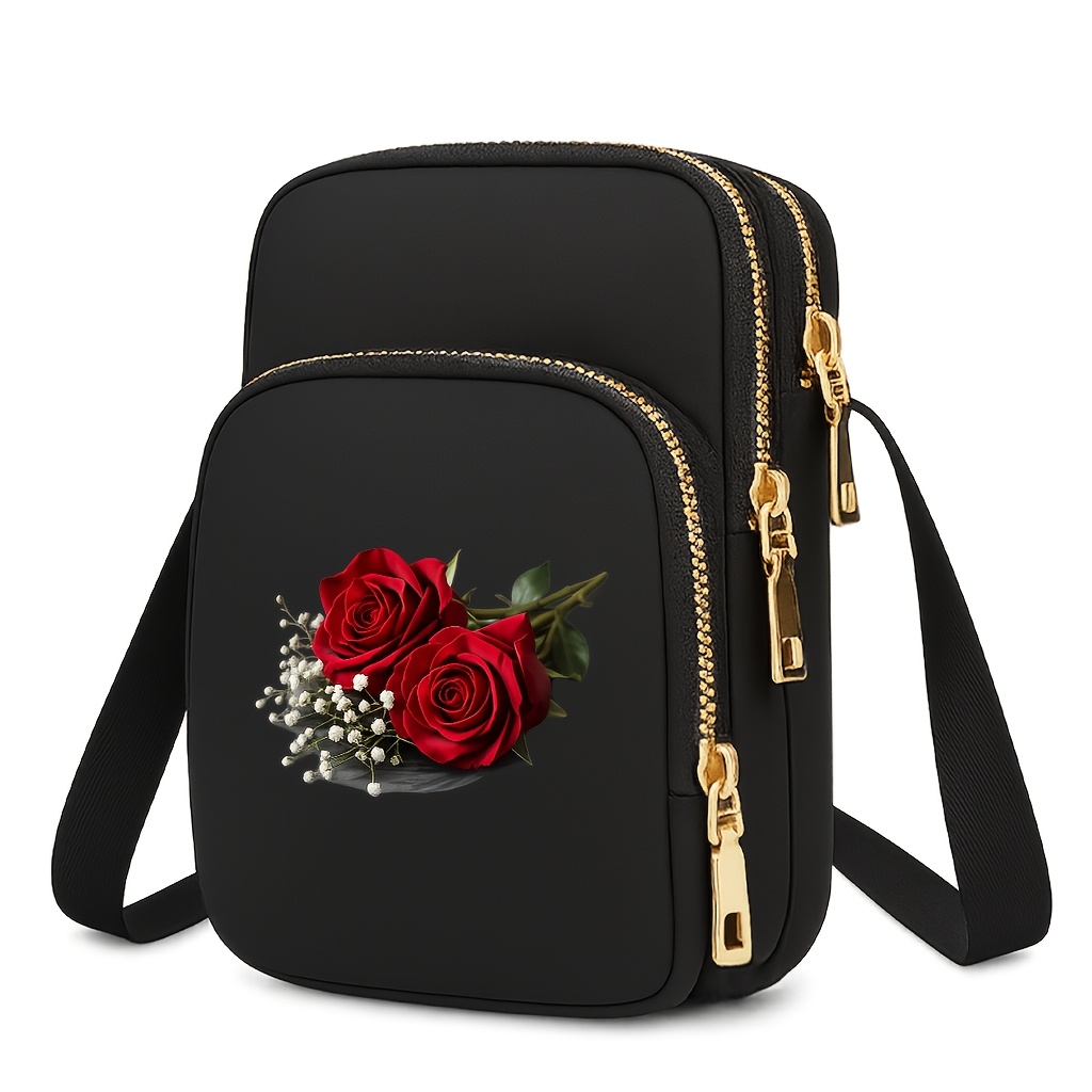 TEMU Damska torebka crossbody w kwiatowy wzór z róż, idealna na Walentynki. Wyposażona w odpinany pasek na ramię, wiele przegródek na zamek