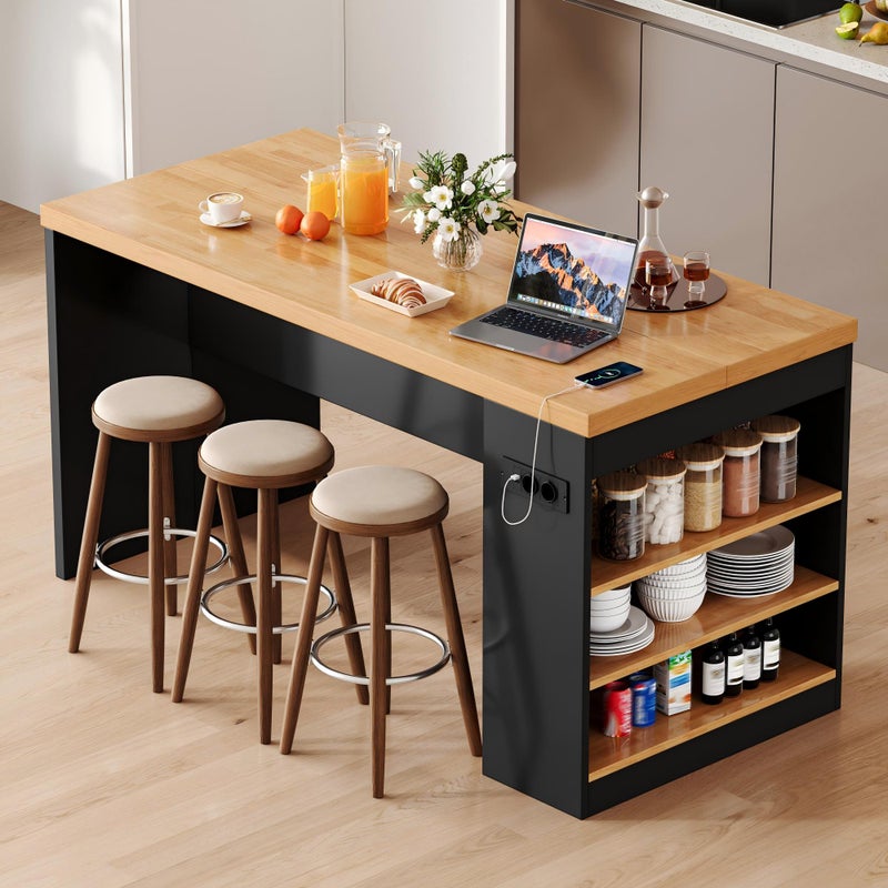 Wielofunkcyjna wyspa kuchenna z oświetleniem LED i gniazdkami elektrycznymi - 2 gniazdka + 2 porty USB - 155 x 80 x 90 cm - MDF - Czarny + naturalny