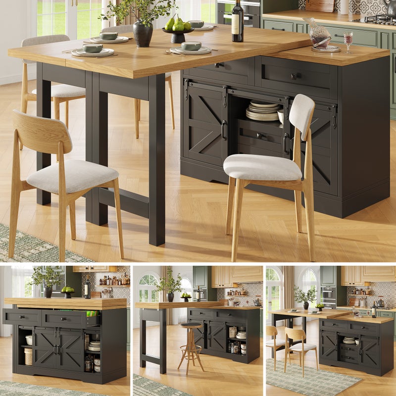 Wielofunkcyjna wyspa kuchenna - obracana o 360° i składana - 2 szuflady i 2 drzwi - 120-197 x 40 x 72 cm - MDF - czarna