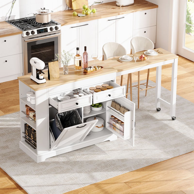 Rozkładana wyspa kuchenna z pojemnikiem na śmieci, jadalnią, 2 drzwiami i 2 szufladami – 112–180 x 45 x 92 cm – MDF – biała