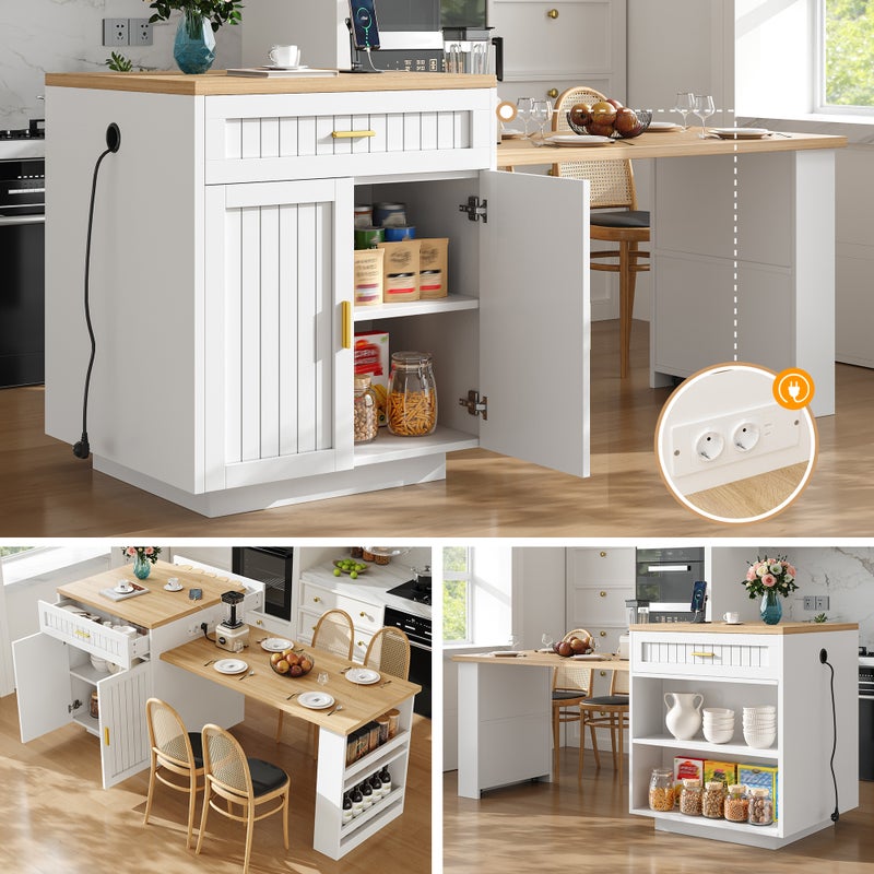 Rozkładana wyspa kuchenna ze zintegrowanym gniazdkiem elektrycznym, 2 drzwiami, 2 szufladami i półkami – 121,5-192x70x92 cm – MDF/metal – biały