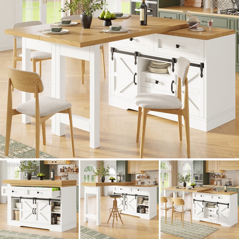 Wielofunkcyjna wyspa kuchenna - obrotowy blat 360° i składany blat - 2 szuflady i 2 drzwi - 120-197 x 40 x 72 cm - MDF - biały