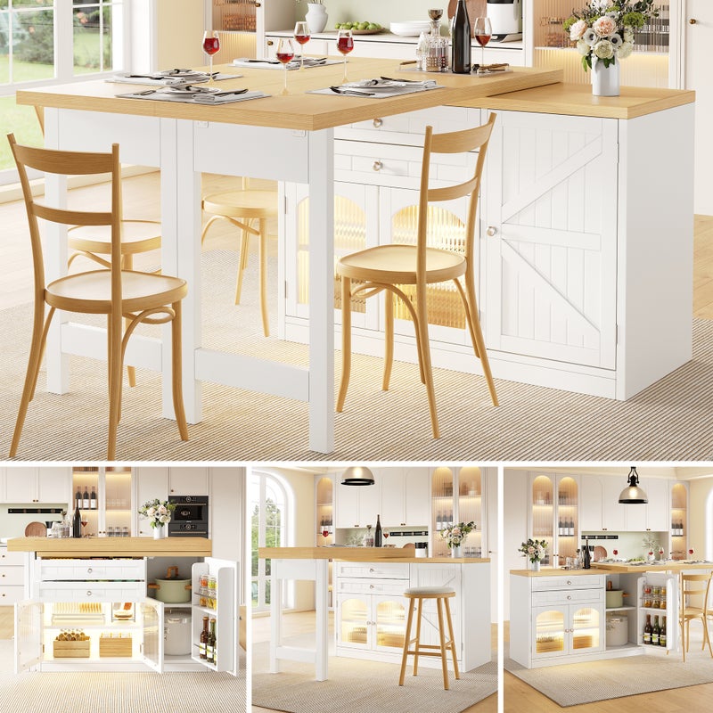 Rozkładana wyspa kuchenna z obrotem 360° i składanym blatem, 3 drzwiami i 2 szufladami – 120–194 x 40 x 73,5 cm – MDF/metal – biały
