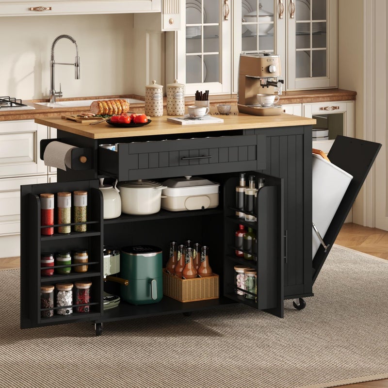 Mobilna wyspa kuchenna - składany blat roboczy, szafka na śmieci, 1 szuflada i 2 drzwi - 130 x 45 (70) x 93 cm - MDF - czarny