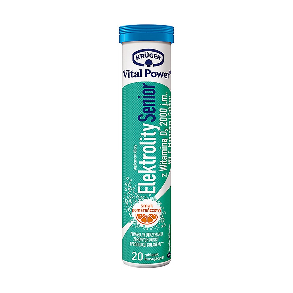 Kruger Vital Power Elektrolity Senior z witaminą D3 2000 j.m., wit. C, magnezem i Calcium, tabletki musujące, 20 szt.