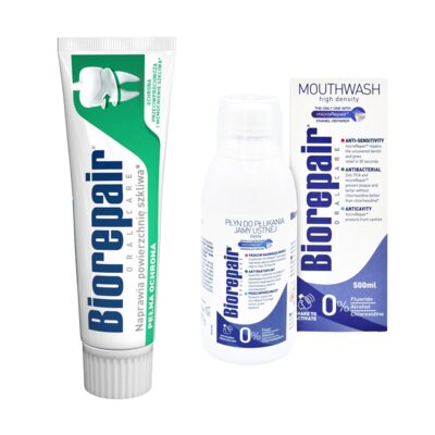 Pasta do zębów BIOREPAIR Pełna ochrona 75 ml yn do płukania jamy ustnej BIOREPAIR Plus 500 ml