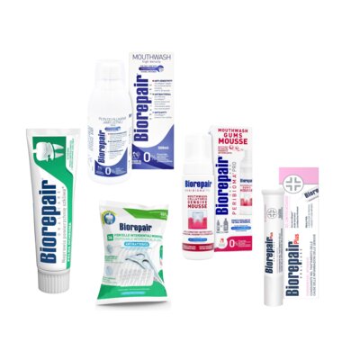 Zestaw BIOREPAIR Pasta do zębów Pełna ochrona 75 ml yn do płukania jamy ustnej Plus 500 ml + Pianka do higieny jamy ustnej Peribioma 200 ml + Nić dentystyczna Woskowana (36 sztuk) + Żel do dziąseł Parodontgel Intensywnie Łagodzący 20 ml